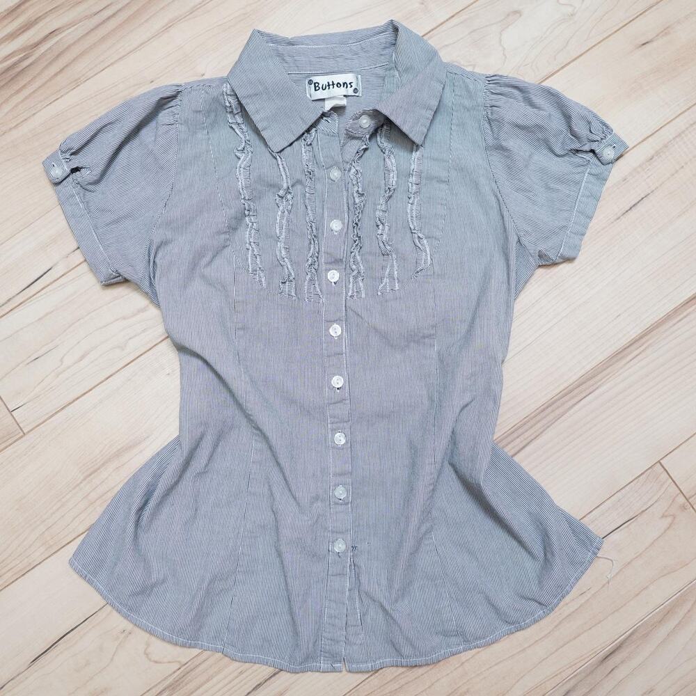 Vintage Buttons pinstripe ruffle blouse top twee coquette academia Y2K